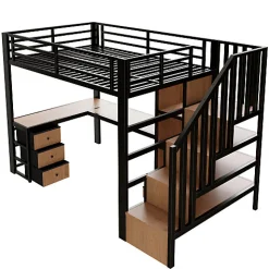 Lit mezzanine 90x200 cm en fer - Compartiments de rangement - 4 tiroirs - LED - Bureau et escalier - Noir (sans matelas)