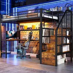 Lit mezzanine 90x200 cm en fer - 2 tiroirs - Tringle à vêtements - Éclairage LED - Bureau - Noir (matelas non inclus)