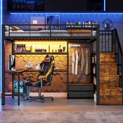 Lit mezzanine 90x200 cm en fer - 2 tiroirs - Tringle à vêtements - Éclairage LED - Bureau - Noir (matelas non inclus)