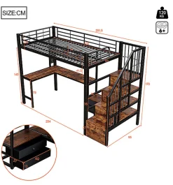 Lit mezzanine 90x200 cm en fer - 2 tiroirs - Tringle à vêtements - Éclairage LED - Bureau - Noir (matelas non inclus)