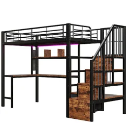 Lit mezzanine 90x200 cm en fer - 2 tiroirs - Tringle à vêtements - Éclairage LED - Bureau - Noir (matelas non inclus)