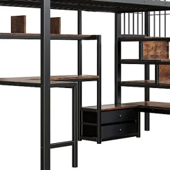 Lit mezzanine 90x200 cm en fer - 2 tiroirs - Tringle à vêtements - Éclairage LED - Bureau - Noir (matelas non inclus)