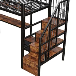 Lit mezzanine 90x200 cm en fer - 2 tiroirs - Tringle à vêtements - Éclairage LED - Bureau - Noir (matelas non inclus)