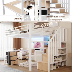 Lit mezzanine 140x200 cm en fer - Compartiments de rangement - 4 tiroirs - LED - Bureau et escalier - Blanc (sans matelas)