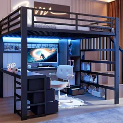 Lit mezzanine 140x200 cm en fer - Compartiments de rangement - 4 tiroirs - LED - Bureau et escalier - Noir (sans matelas)