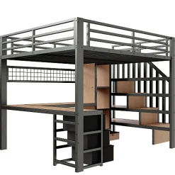 Lit mezzanine 140x200 cm en fer - Compartiments de rangement - 4 tiroirs - LED - Bureau et escalier - Noir (sans matelas)