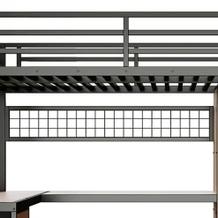 Lit mezzanine 140x200 cm en fer - Compartiments de rangement - 4 tiroirs - LED - Bureau et escalier - Noir (sans matelas)