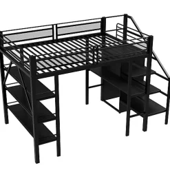 Lit mezzanine 140x200 cm en métal noir avec bureau armoire étagères et escalier de rangement sécurisé