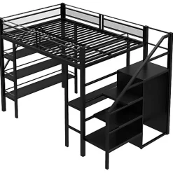 Lit mezzanine 140x200 cm en métal noir avec bureau armoire étagères et escalier de rangement sécurisé