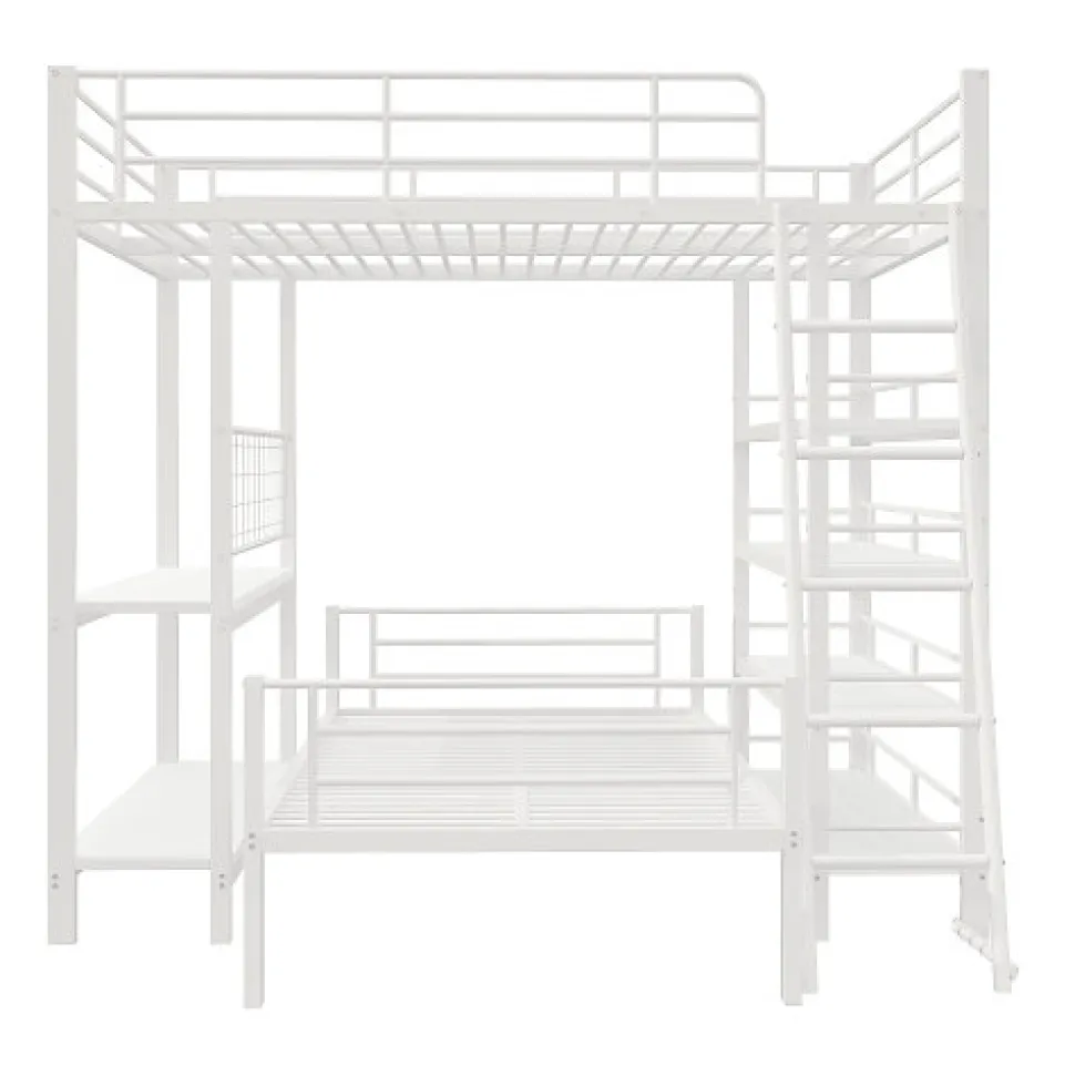 Lit mezzanine 140x200 cm en métal blanc avec étagères de rangement intégrées et structure multifonctionnelle