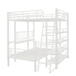 Lit mezzanine 140x200 cm en métal blanc avec étagères de rangement intégrées et structure multifonctionnelle