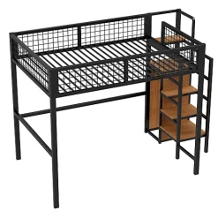 Lit mezzanine 140x200 cm en métal noir avec échelle étagères et penderie ouverte pour enfant
