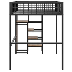 Lit mezzanine 140x200 cm en métal noir avec échelle étagères et penderie ouverte pour enfant