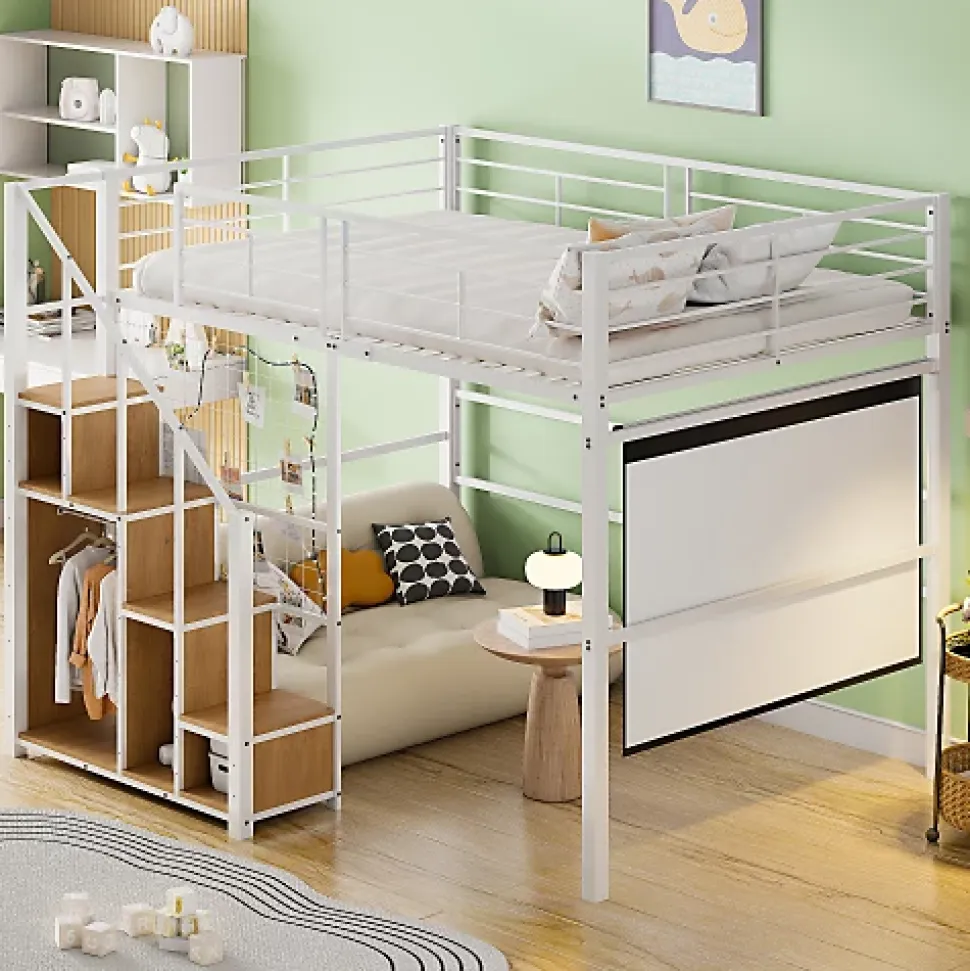 Lit mezzanine 140x200 cm en métal blanc avec échelle de sécurité et étagère pour enfant ou adolescent
