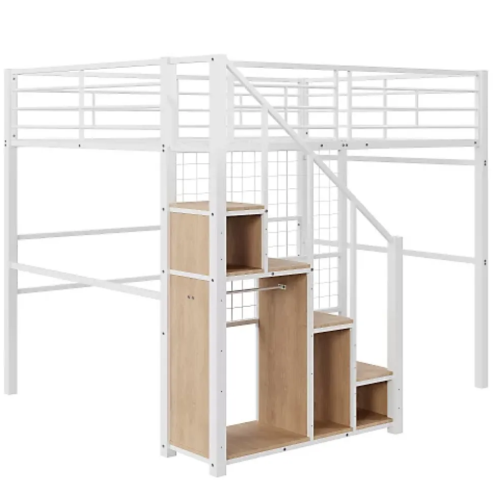 Lit mezzanine 140x200 cm en métal blanc avec échelle de sécurité et étagère pour enfant ou adolescent