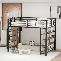 Lit mezzanine 140x200 cm en métal noir avec échelle sécurisée rangement étagères et penderie pour adolescent