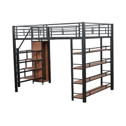 Lit mezzanine 140x200 cm en métal noir avec échelle sécurisée rangement étagères et penderie pour adolescent