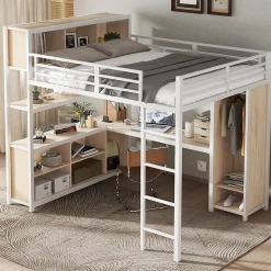 Lit Mezzanine 140x200 cm en Métal - Lit Double avec Bureau, Penderie et Rangements - Sans Matelas - Blanc