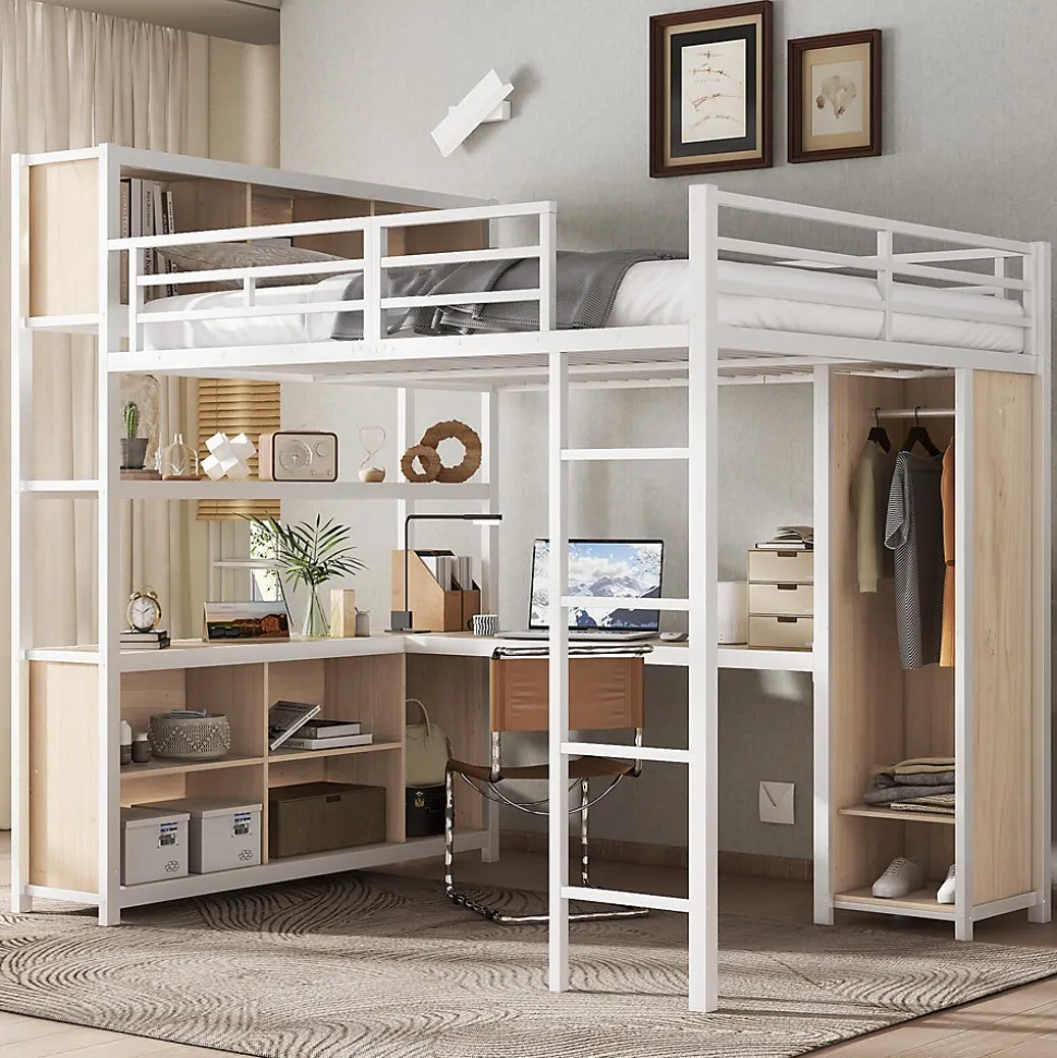 Lit Mezzanine 140x200 cm en Métal - Lit Double avec Bureau, Penderie et Rangements - Sans Matelas - Blanc