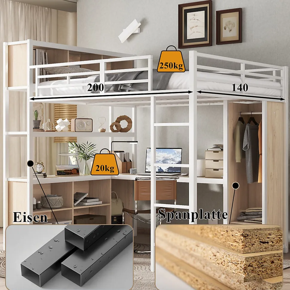 Lit Mezzanine 140x200 cm en Métal - Lit Double avec Bureau, Penderie et Rangements - Sans Matelas - Blanc