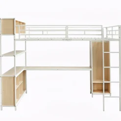 Lit Mezzanine 140x200 cm en Métal - Lit Double avec Bureau, Penderie et Rangements - Sans Matelas - Blanc