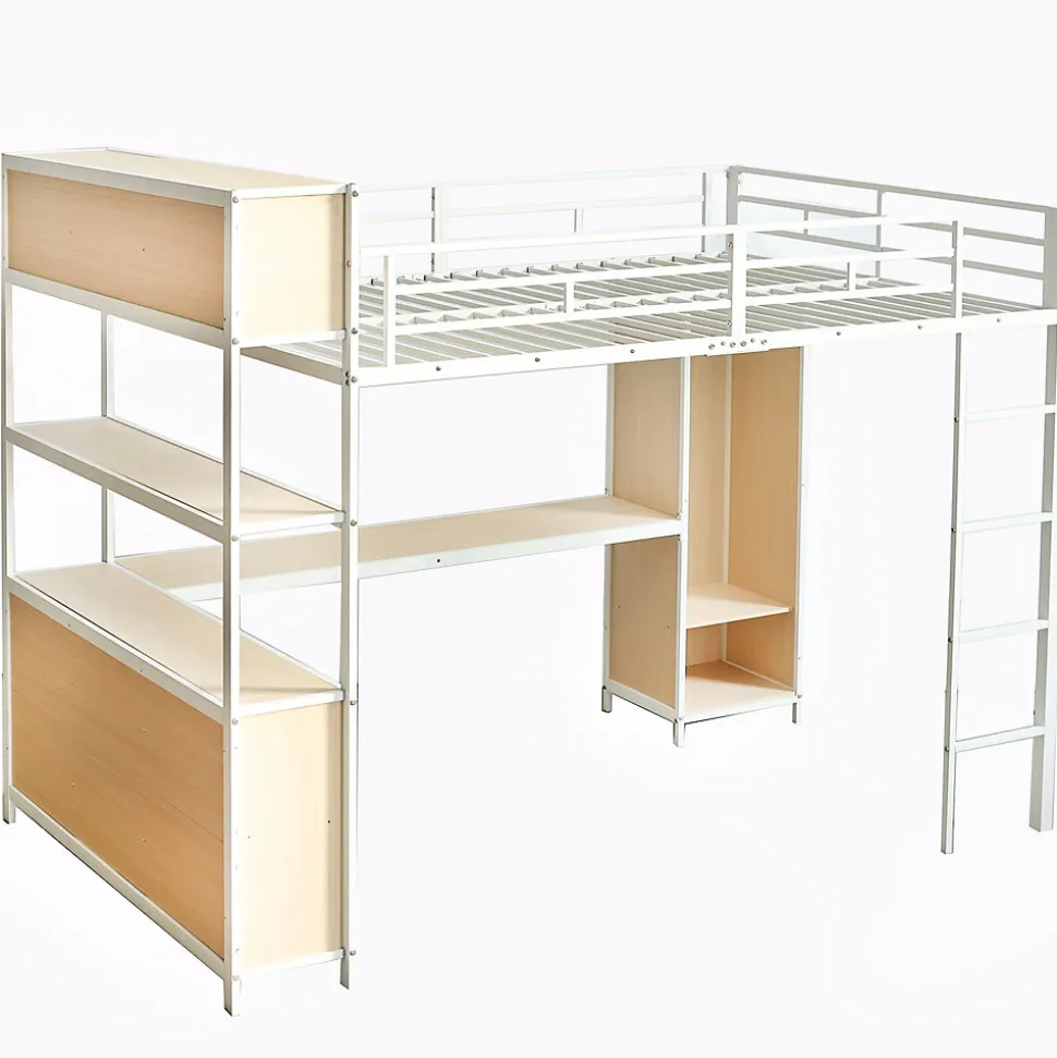 Lit Mezzanine 140x200 cm en Métal - Lit Double avec Bureau, Penderie et Rangements - Sans Matelas - Blanc