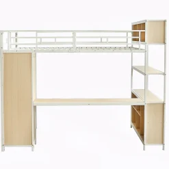 Lit Mezzanine 140x200 cm en Métal - Lit Double avec Bureau, Penderie et Rangements - Sans Matelas - Blanc