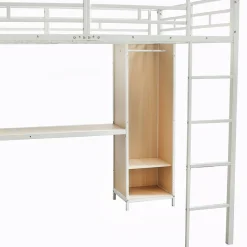 Lit Mezzanine 140x200 cm en Métal - Lit Double avec Bureau, Penderie et Rangements - Sans Matelas - Blanc