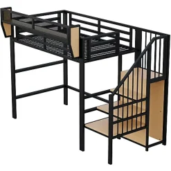 Lit mezzanine 90x200 cm en métal noir avec échelle sécurisée et espace de rangement modulable