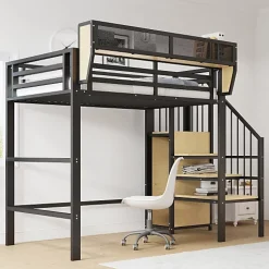 Lit mezzanine 90x200 cm en métal noir avec échelle sécurisée et espace de rangement modulable
