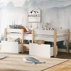 Lit mezzanine 90x190 cm en pin massif avec tiroirs - Blanc (sans matelas)