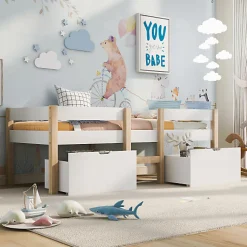 Lit mezzanine 90x190 cm en pin massif avec tiroirs - Blanc (sans matelas)