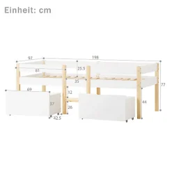 Lit mezzanine 90x190 cm en pin massif avec tiroirs - Blanc (sans matelas)