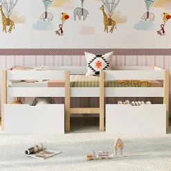 Lit mezzanine 90x200 cm en pin massif avec tiroirs - Blanc (sans matelas)