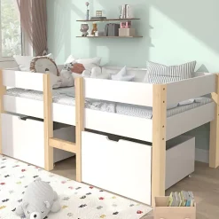 Lit mezzanine 90x200 cm en pin massif avec tiroirs - Blanc (sans matelas)
