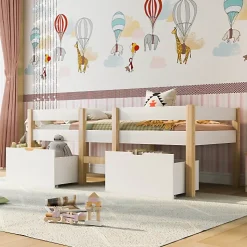 Lit mezzanine 90x200 cm en pin massif avec tiroirs - Blanc (sans matelas)