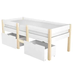 Lit mezzanine 90x200 cm en pin massif avec tiroirs - Blanc (sans matelas)