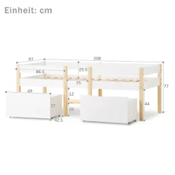 Lit mezzanine 90x200 cm en pin massif avec tiroirs - Blanc (sans matelas)