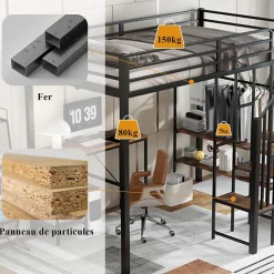 Lit Mezzanine 120x200 cm enfant, Bureau, Étagères et Rangement, Métal et Bois Vintage, Noir et Bois Vintage, Sans Matelas