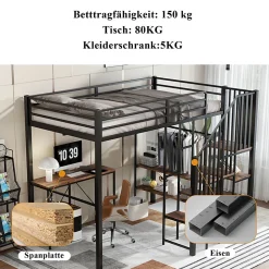 Lit Mezzanine 120x200 cm enfant, Bureau, Étagères et Rangement, Métal et Bois Vintage, Noir et Bois Vintage, Sans Matelas