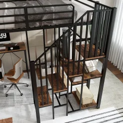 Lit Mezzanine 120x200 cm enfant, Bureau, Étagères et Rangement, Métal et Bois Vintage, Noir et Bois Vintage, Sans Matelas