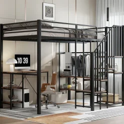 Lit Mezzanine 120x200 cm enfant, Bureau, Étagères et Rangement, Métal et Bois Vintage, Noir et Bois Vintage, Sans Matelas