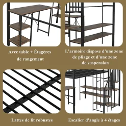 Lit Mezzanine 120x200 cm enfant, Bureau, Étagères et Rangement, Métal et Bois Vintage, Noir et Bois Vintage, Sans Matelas