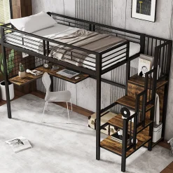 Lit mezzanine 90x200 cm enfant métal avec bureau et armoire intégrée, échelle sécurisée, blanc et naturel sans matelas