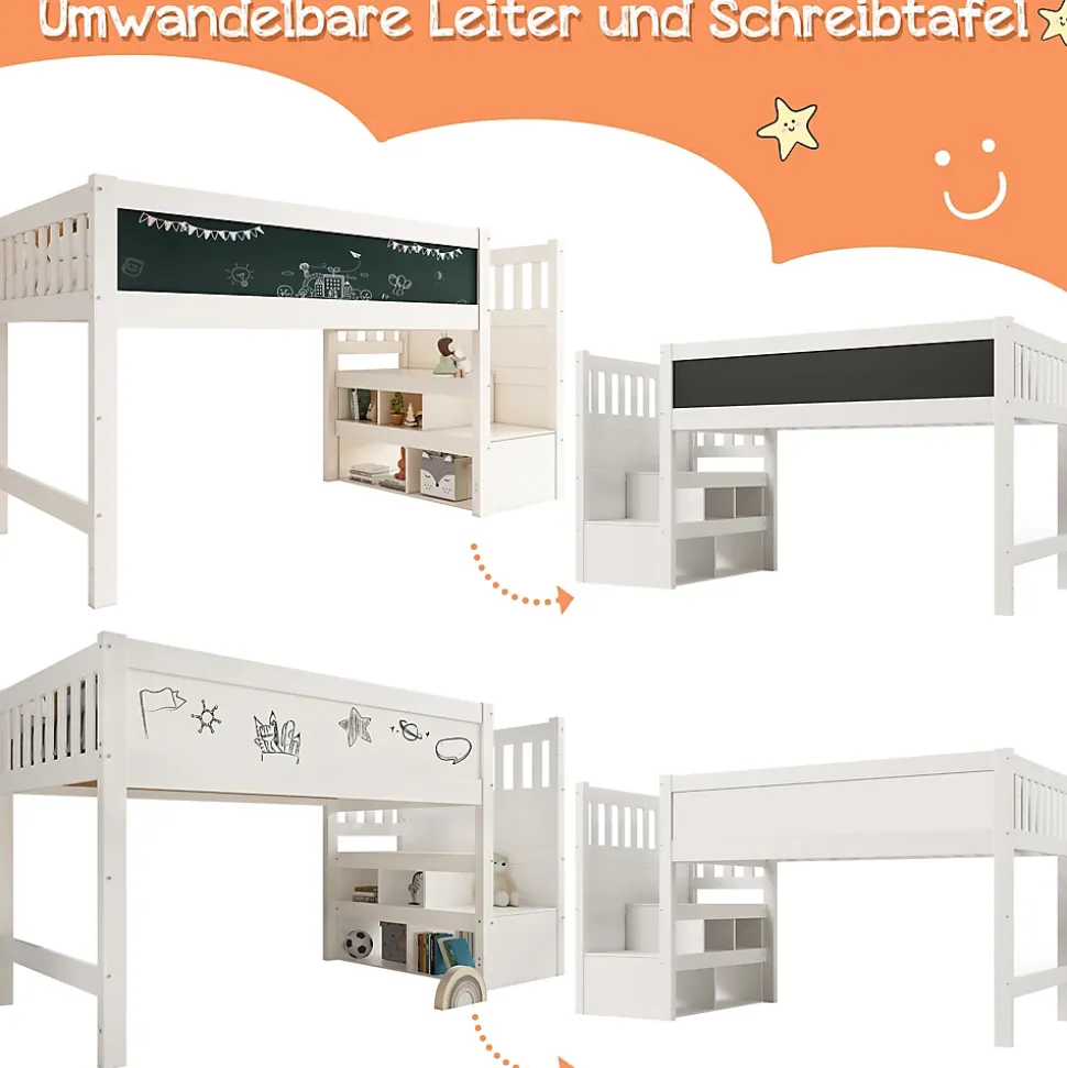 Lit Mezzanine 90x200 cm enfant, Bureau, Rangement, Tiroirs, Protection Anti-Chute, Tableau Blanc/Noir, Bois Blanc, Sans Matelas