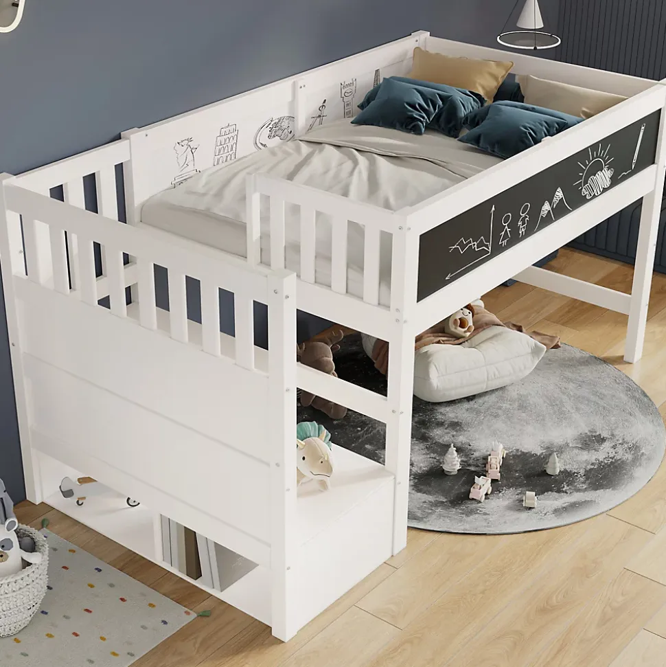 Lit Mezzanine 90x200 cm enfant, Bureau, Rangement, Tiroirs, Protection Anti-Chute, Tableau Blanc/Noir, Bois Blanc, Sans Matelas