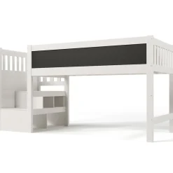 Lit Mezzanine 90x200 cm enfant, Bureau, Rangement, Tiroirs, Protection Anti-Chute, Tableau Blanc/Noir, Bois Blanc, Sans Matelas