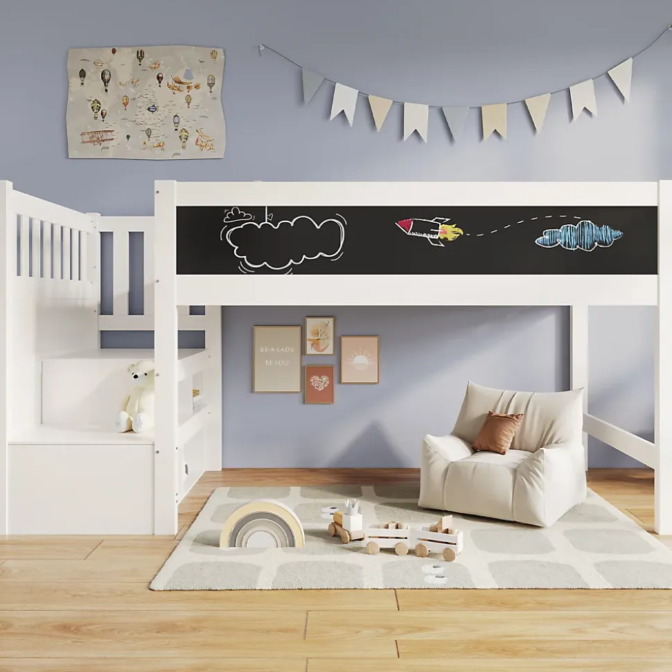 Lit Mezzanine 90x200 cm enfant, Bureau, Rangement, Tiroirs, Protection Anti-Chute, Tableau Blanc/Noir, Bois Blanc, Sans Matelas