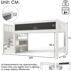 Lit Mezzanine 90x200 cm enfant, Bureau, Rangement, Tiroirs, Protection Anti-Chute, Tableau Blanc/Noir, Bois Blanc, Sans Matelas
