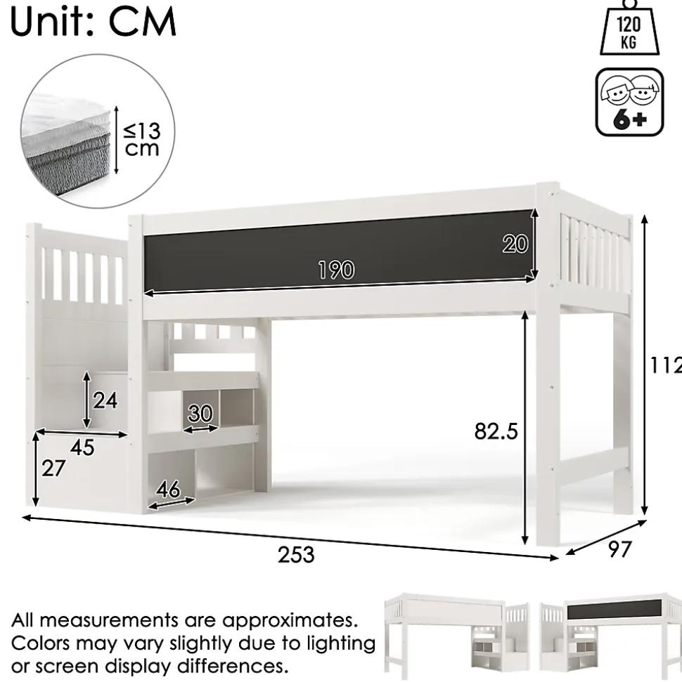 Lit Mezzanine 90x200 cm enfant, Bureau, Rangement, Tiroirs, Protection Anti-Chute, Tableau Blanc/Noir, Bois Blanc, Sans Matelas